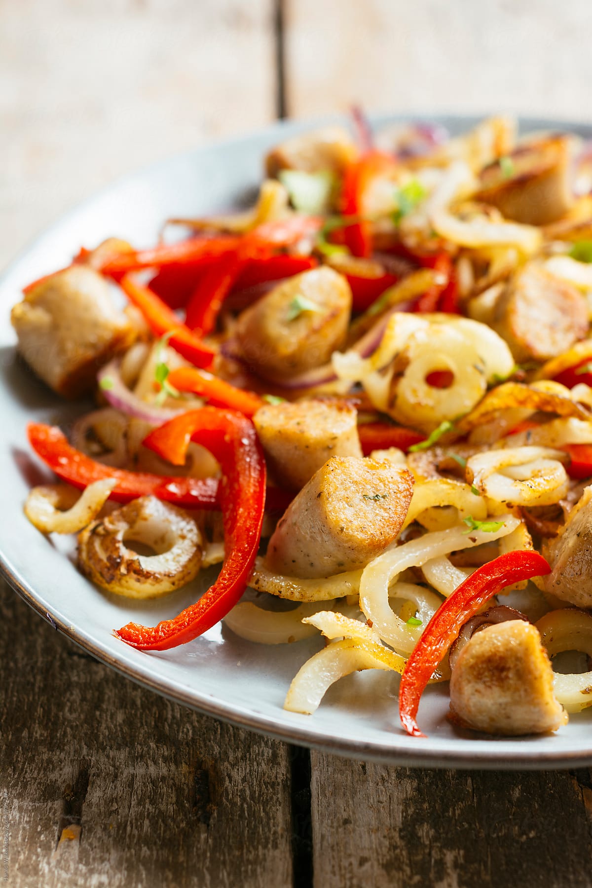 Roasted Spiralized Potatoes with Peppers and Vegan Sausage