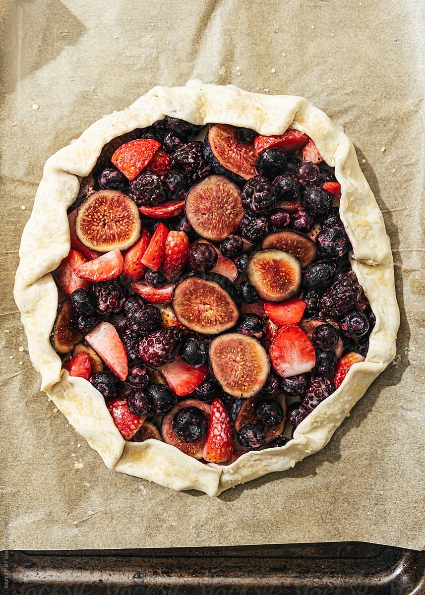 Close up of pre-baked berry galette