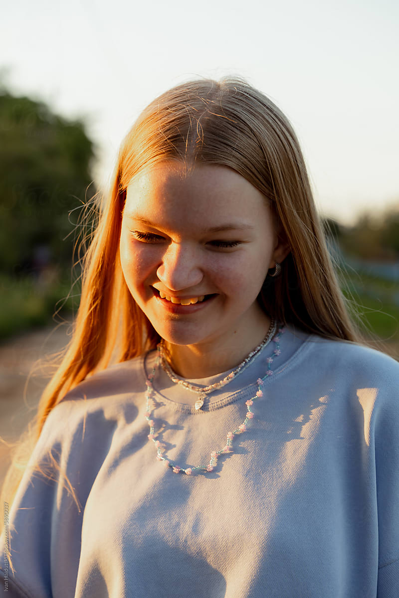Portrait of Happy teen girl with freckles, Gen Z style