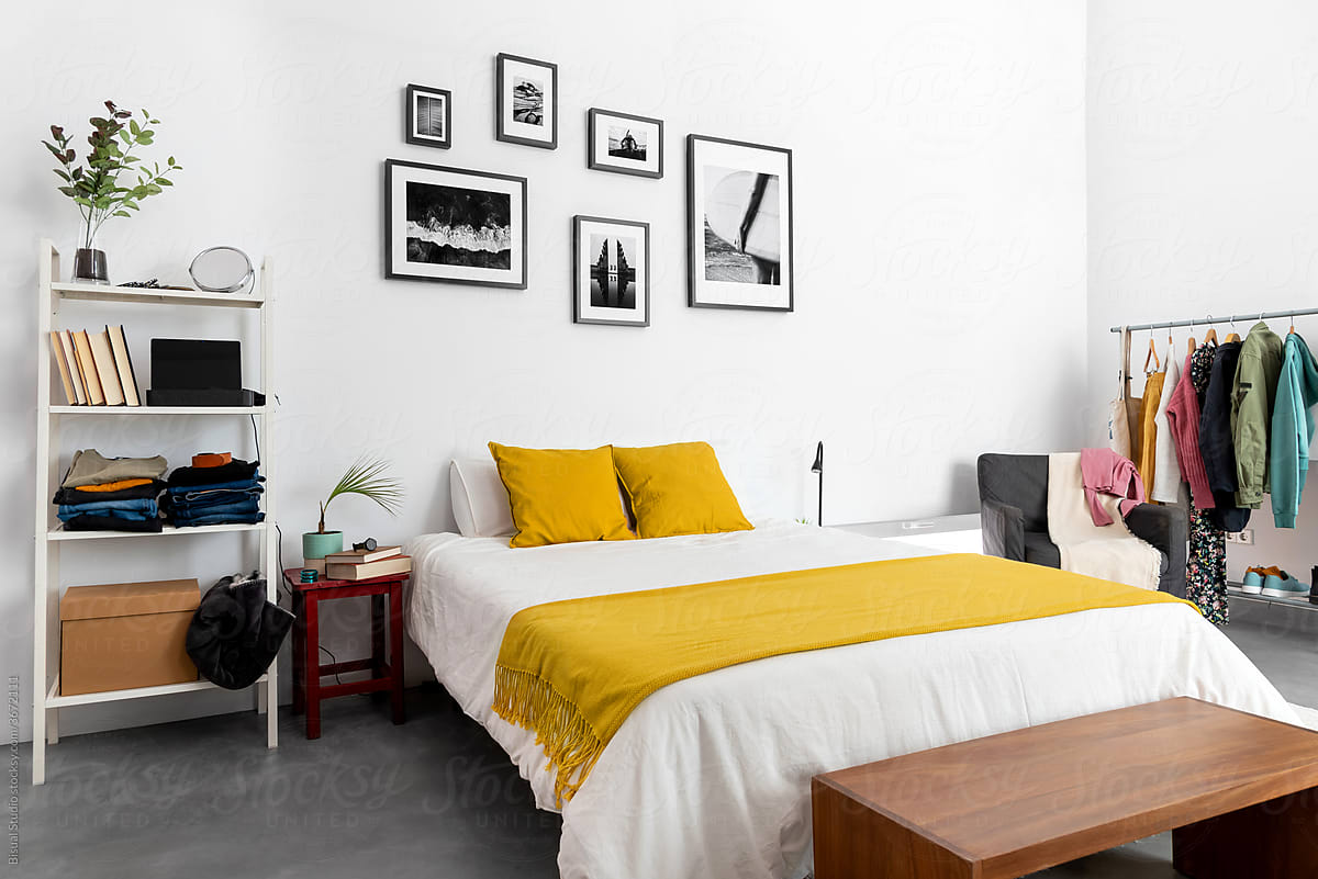Spacious bedroom with minimalist furniture