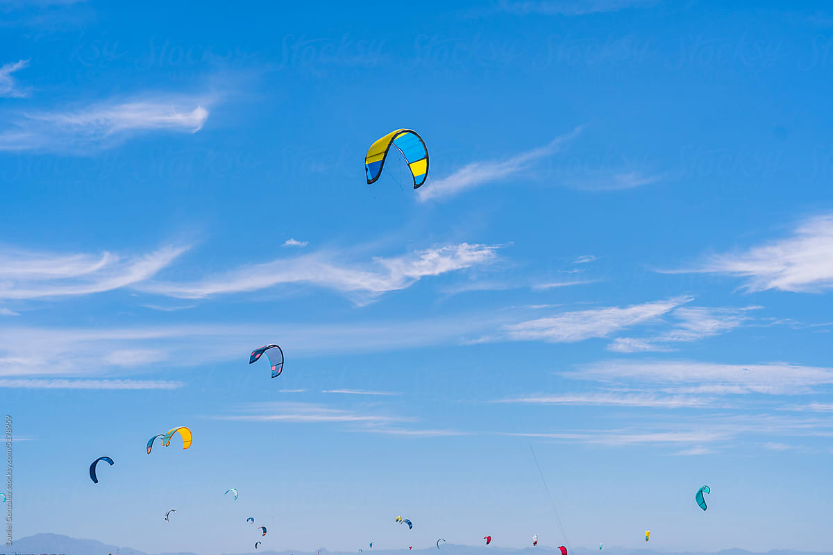 Colorful power kites in blue sky