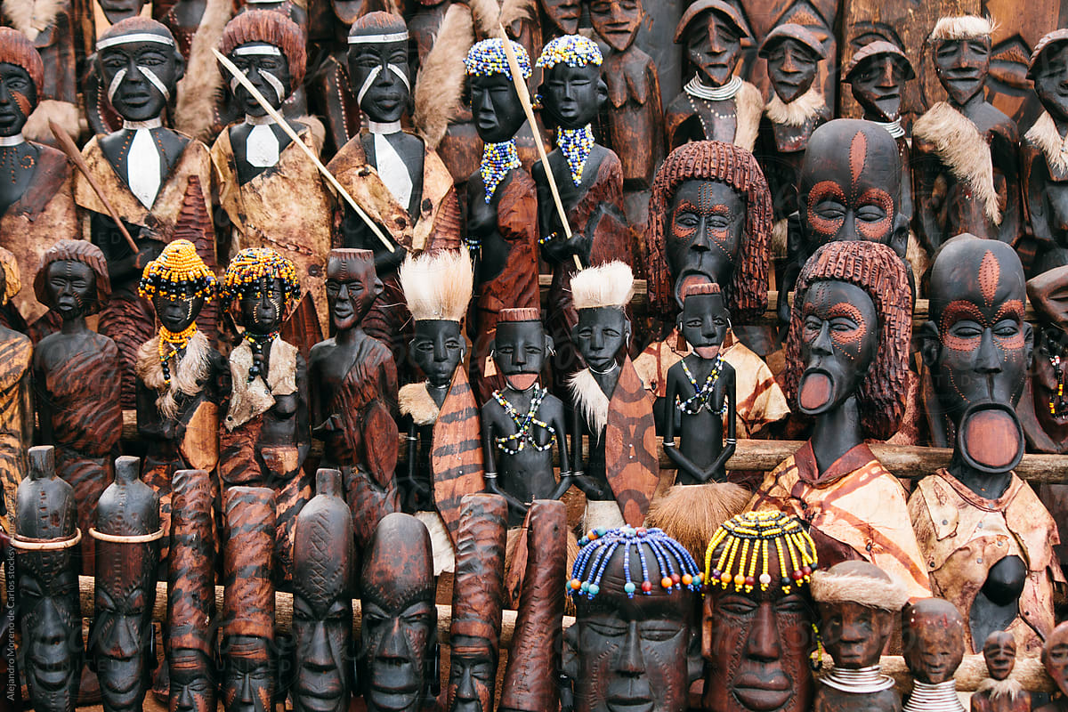 Traditional african figures and handicrafts on a local market