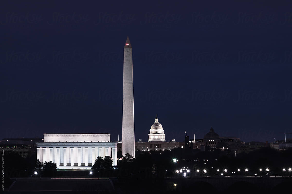 Nighttime, the Lincoln Memorial, Washington Monument, and Capitol dome in Washington DC.