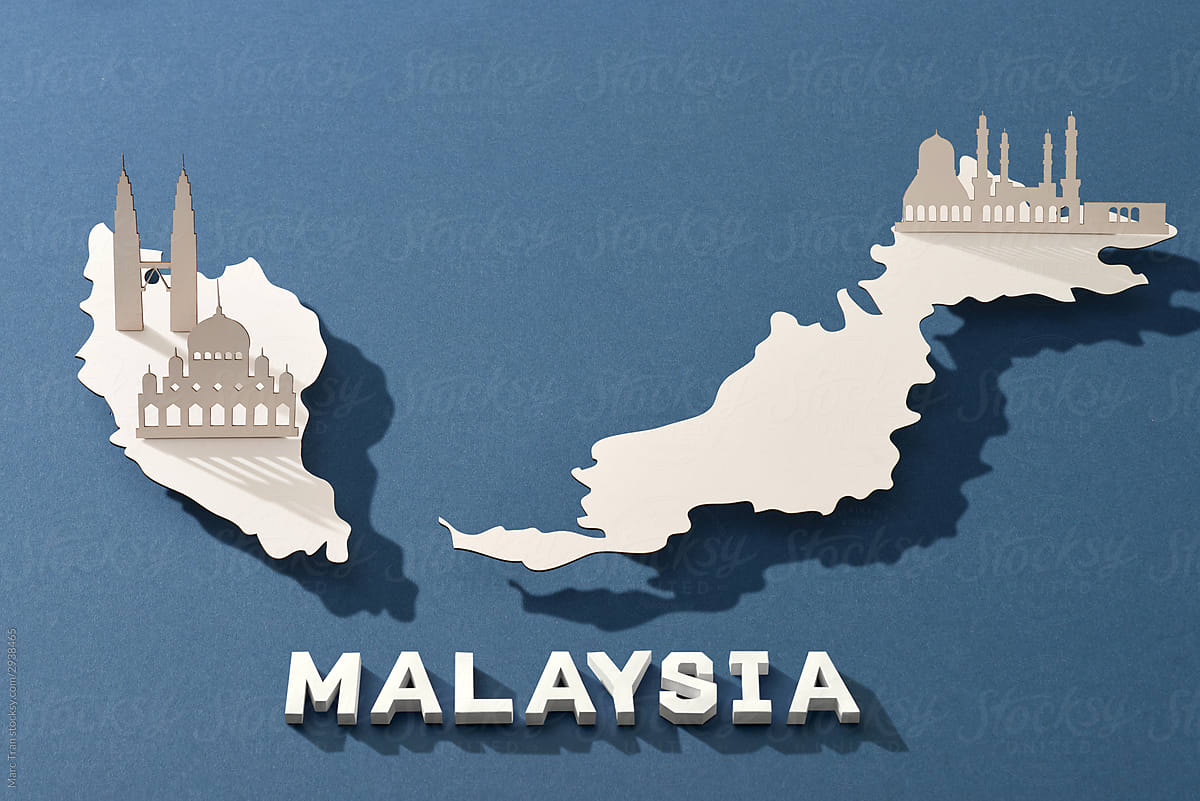 Malaysia map with famous landmarks in paper cut style