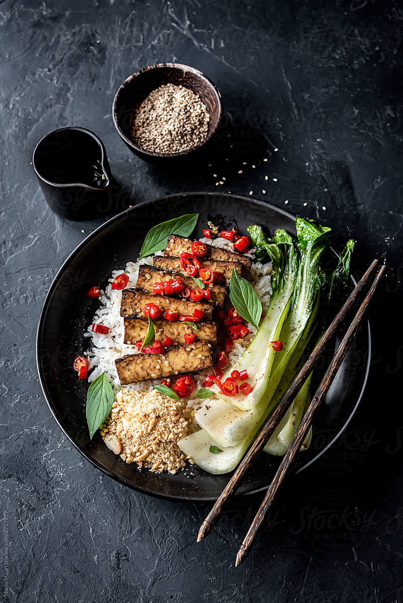 Tempeh with rice and pak choi - Vegan food