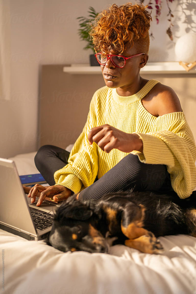 Black Woman Working From Home With Computer.