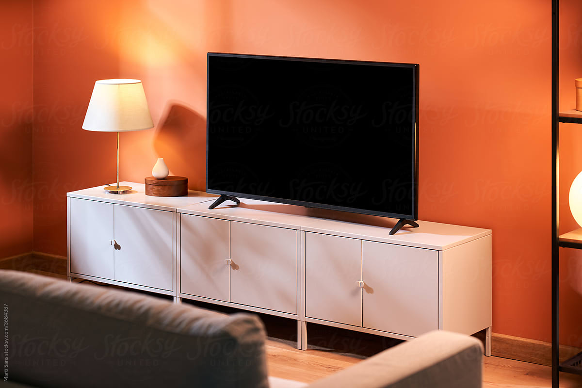 Cabinets with TV set and lamp near sofa