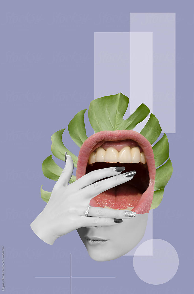Collage with a female hand, head and open mouth