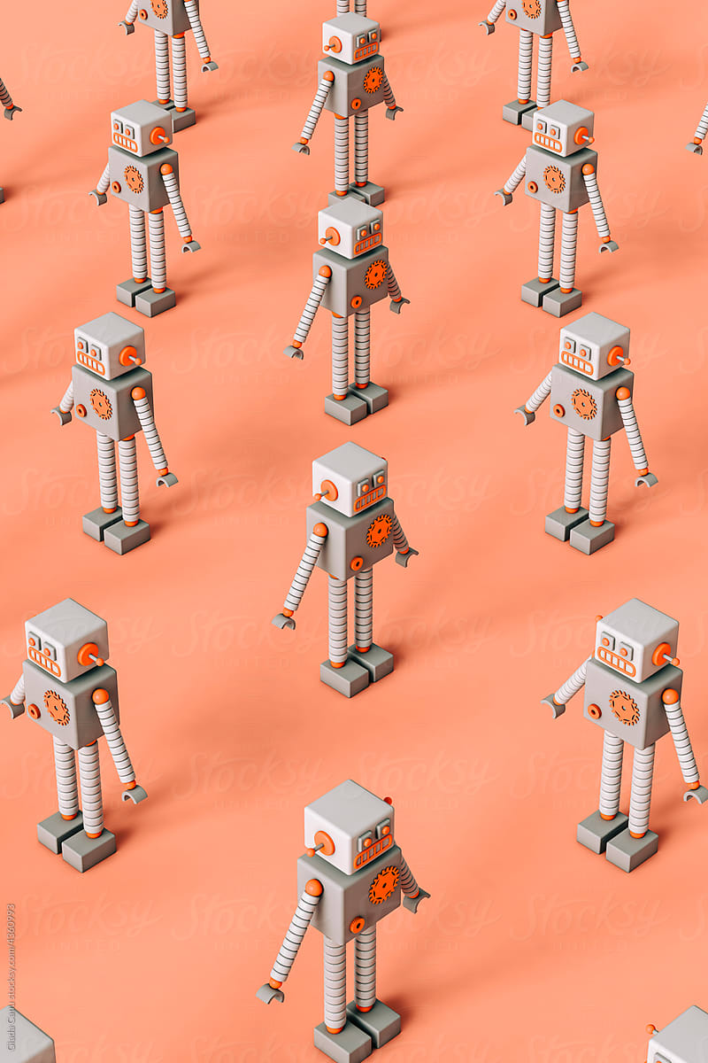 vertical pattern of Toy robots on a pink background