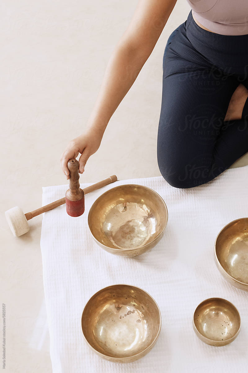 Tibetan singing bowls with sticks used during mantra meditations