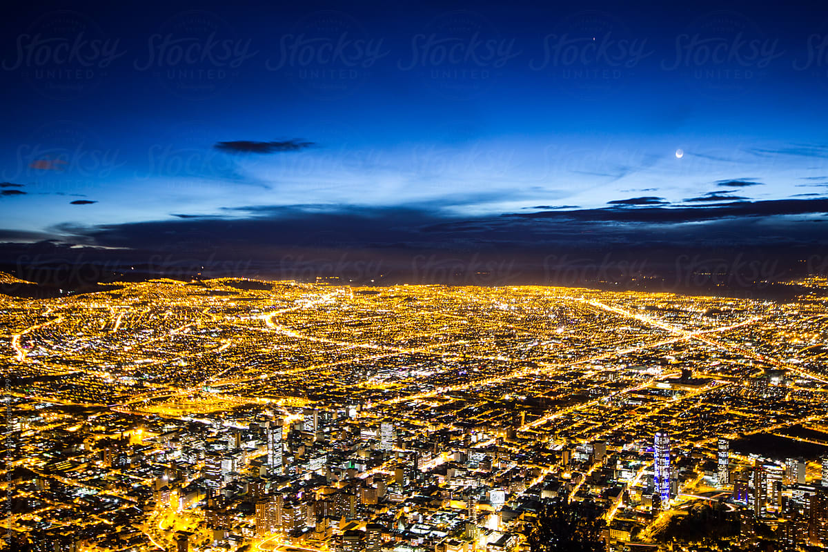 Aerial view of city at night. Bogota, Colombia