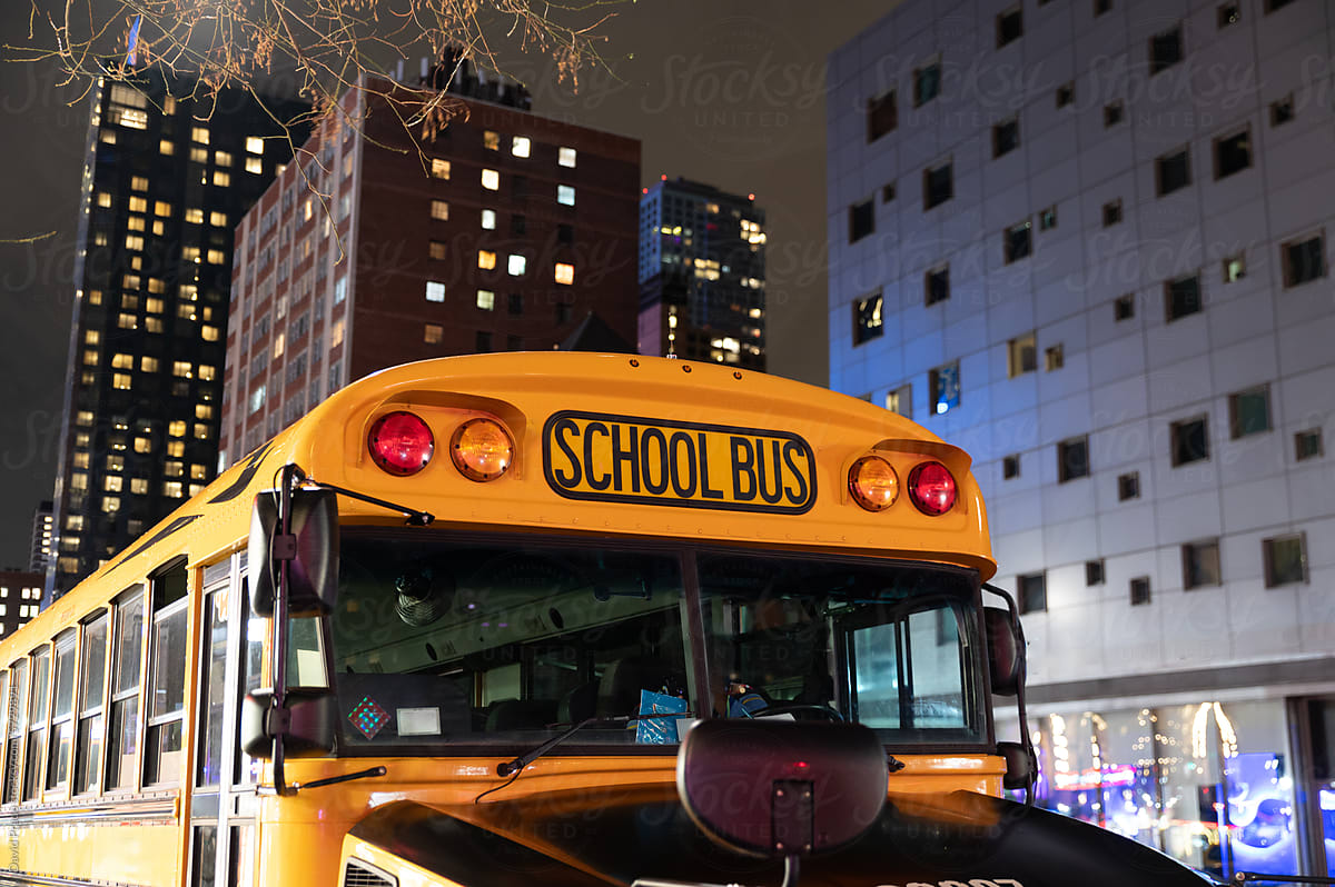 Nighttime view of school bus in Manhattan