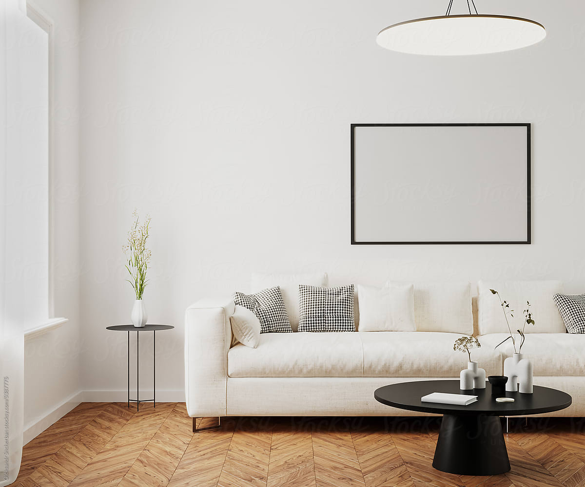 Horizontal picture frame mock up in modern living room interior
