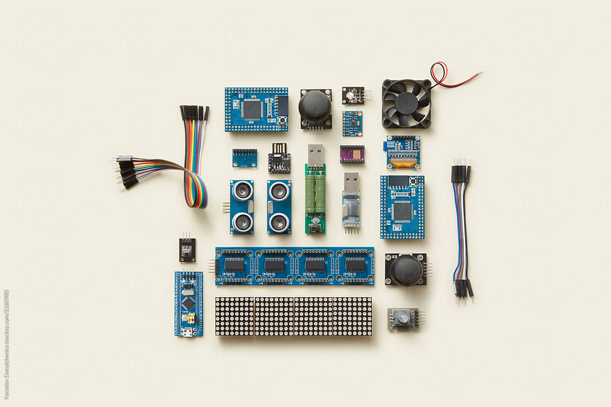 Various microchips, components and wires.