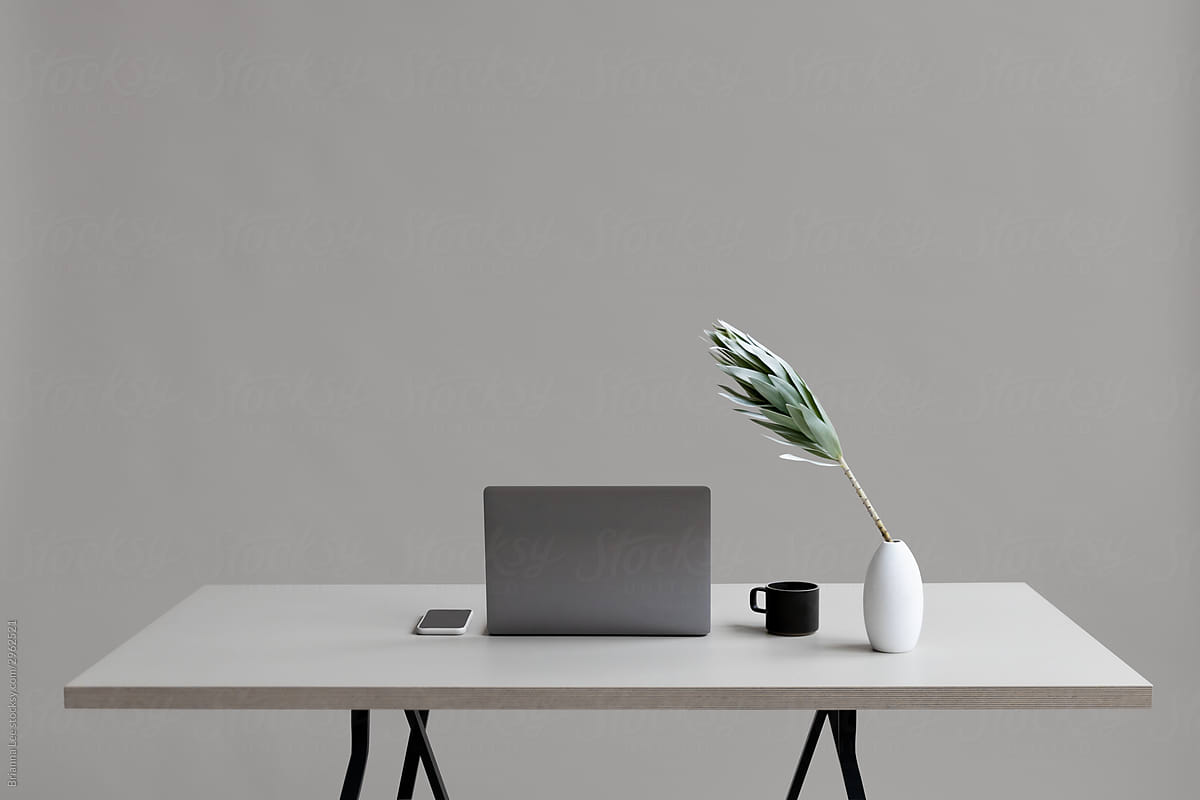 Desk with technology and plant