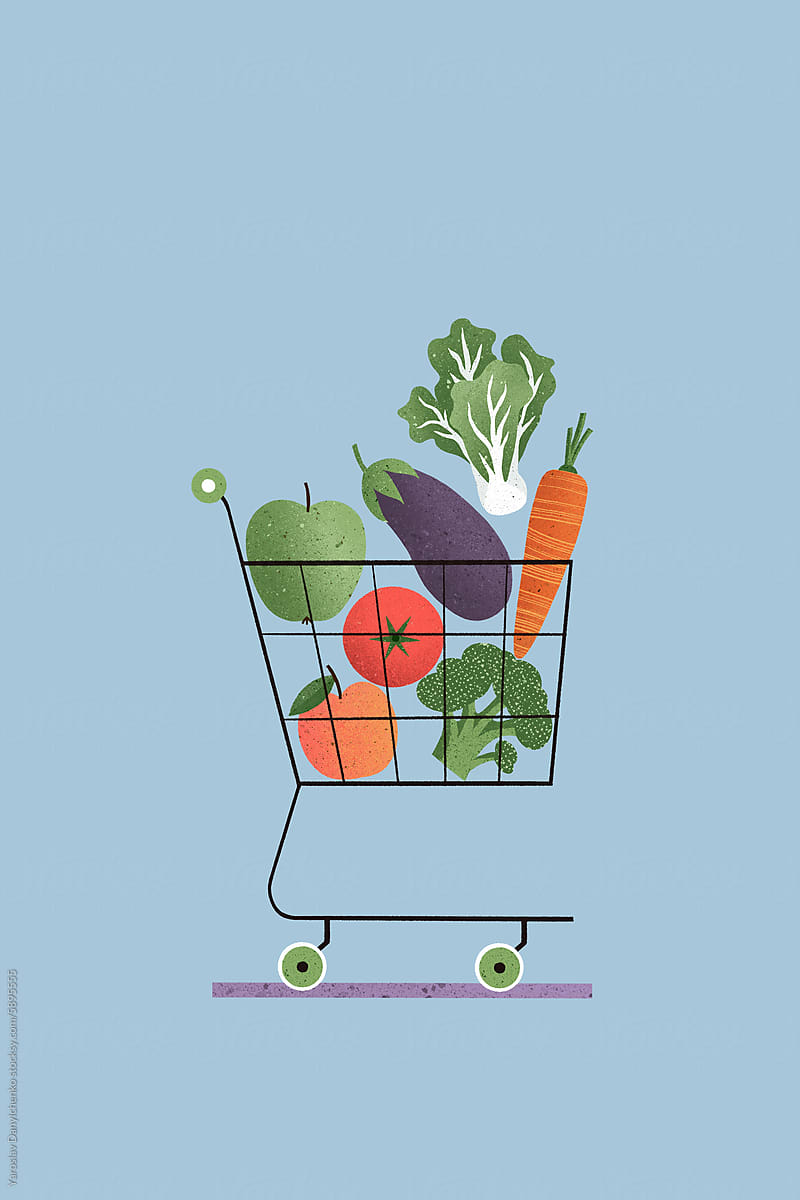 Illustration of trolley with vegetables and fruits on blue background