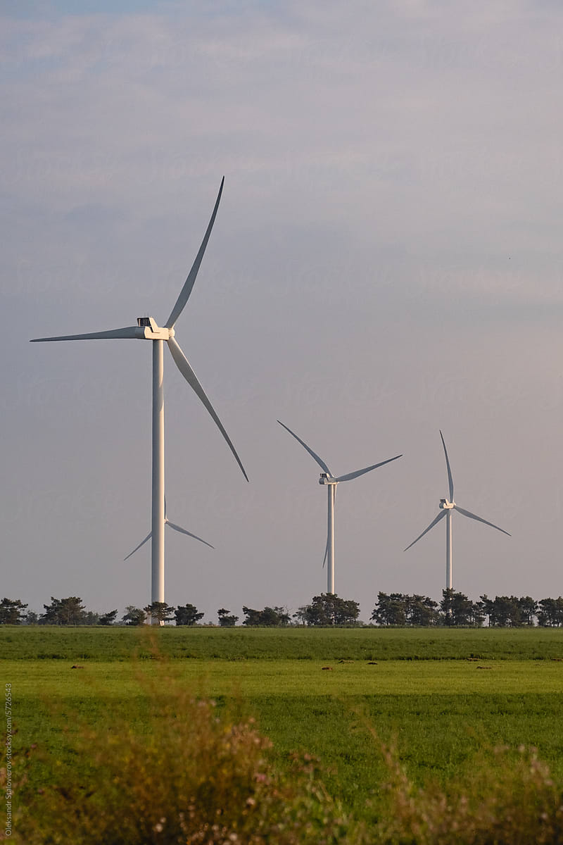 Green energy. Big windmills on the  green field.