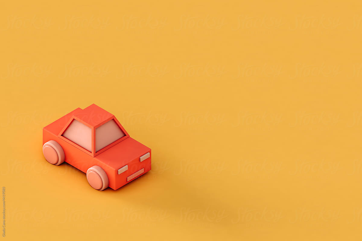 Pink toy car on a yellow with large copy space. 3d.