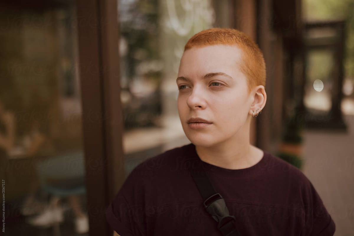 Young Androgyne Woman With Short Red Hair On The Street By Alexey Kuzma 