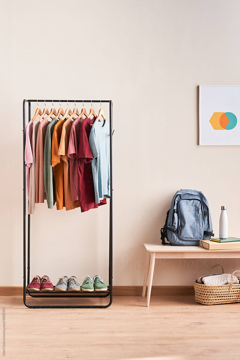 Simple open wardrobe with t-shirts.