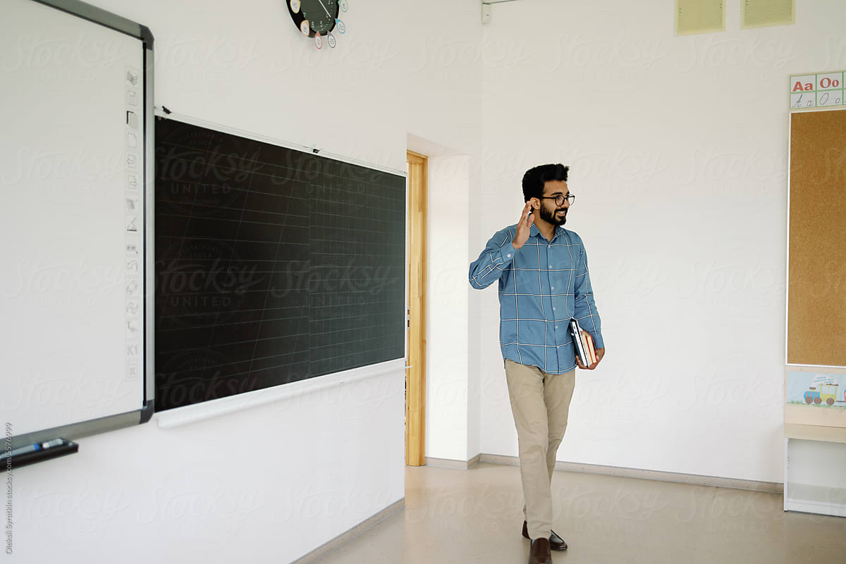 Teacher pleasant coming schoolroom greeting hand gesture school