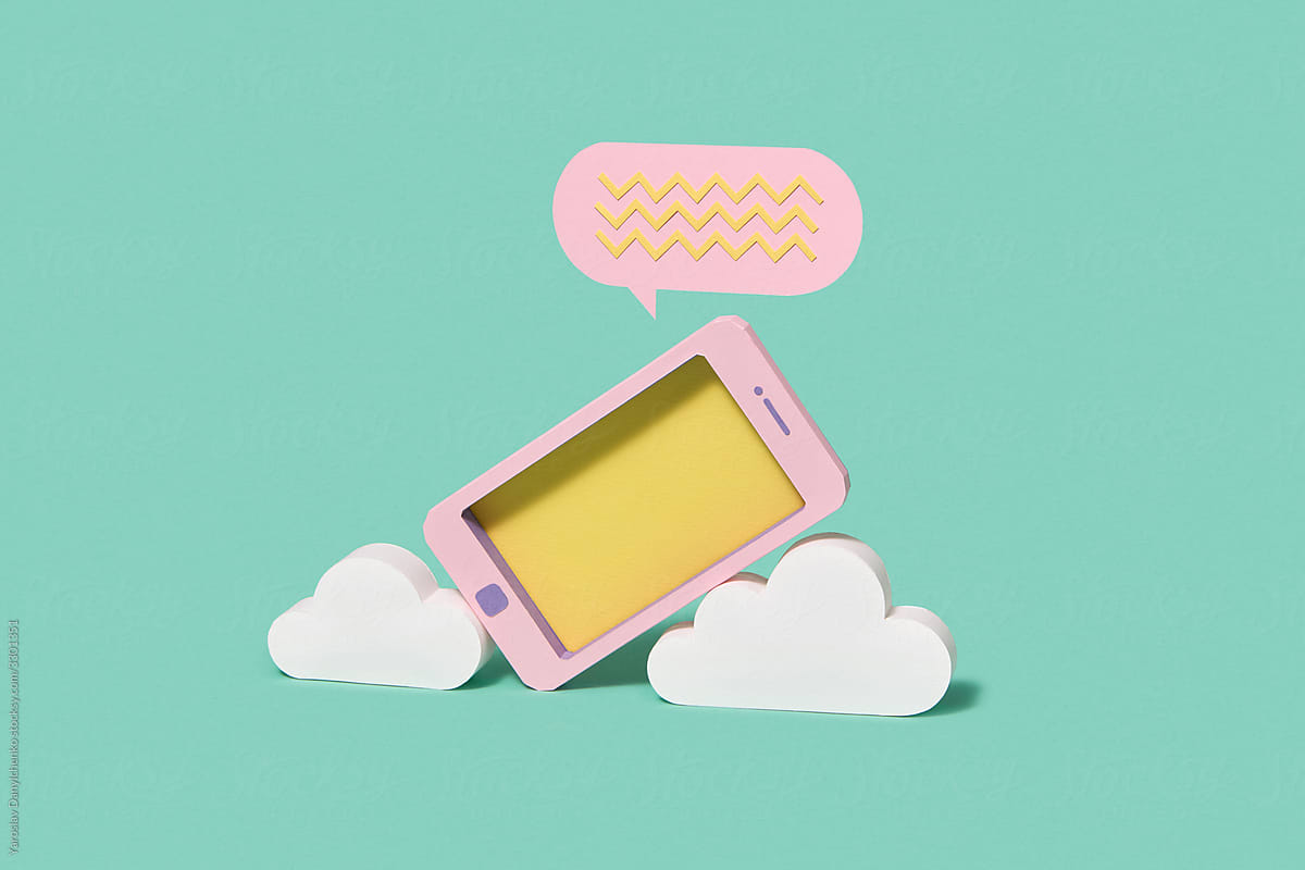 Paper smartphone on the clouds with talk icon.