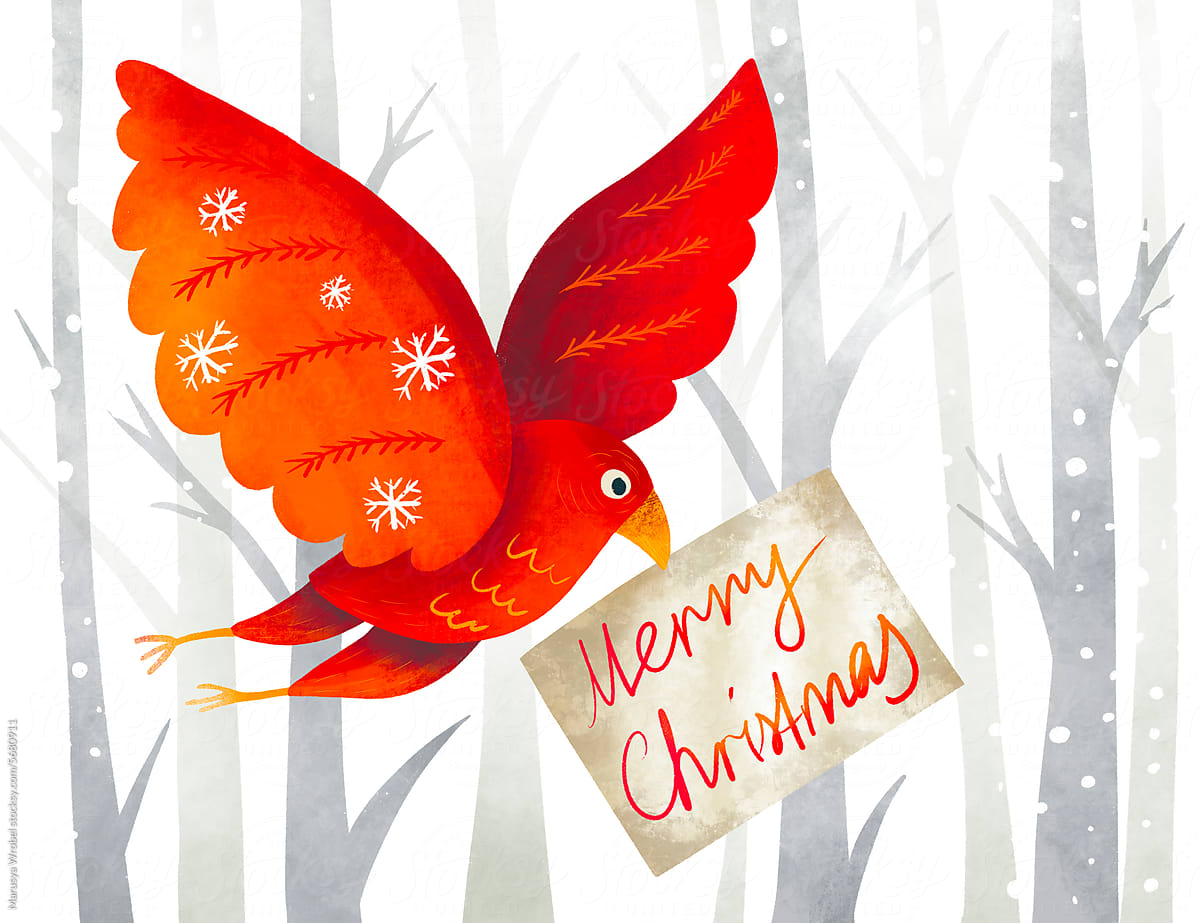 Christmas card concept: red bird carries a Merry Christmas card