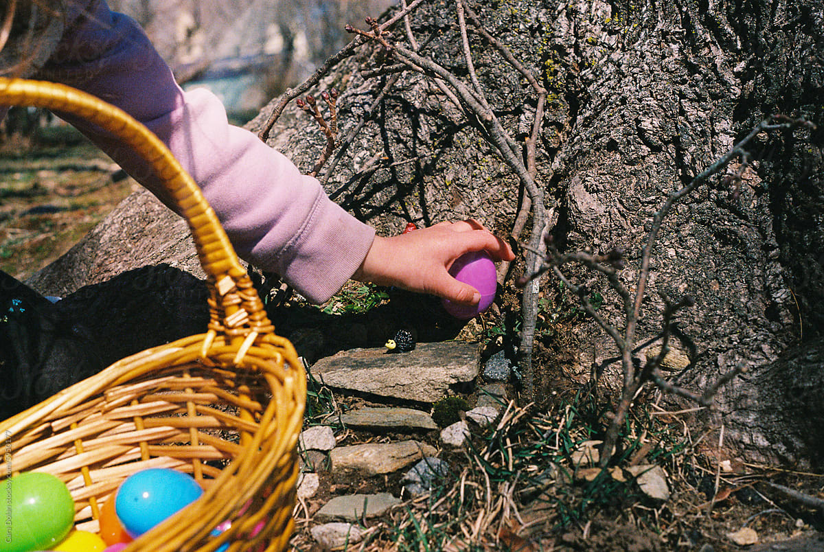 Child\'s Hand Reaches for Easter Egg Hidden Outside