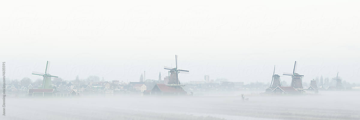 Zaanse Schans windmills in the mist Netherlands Holland