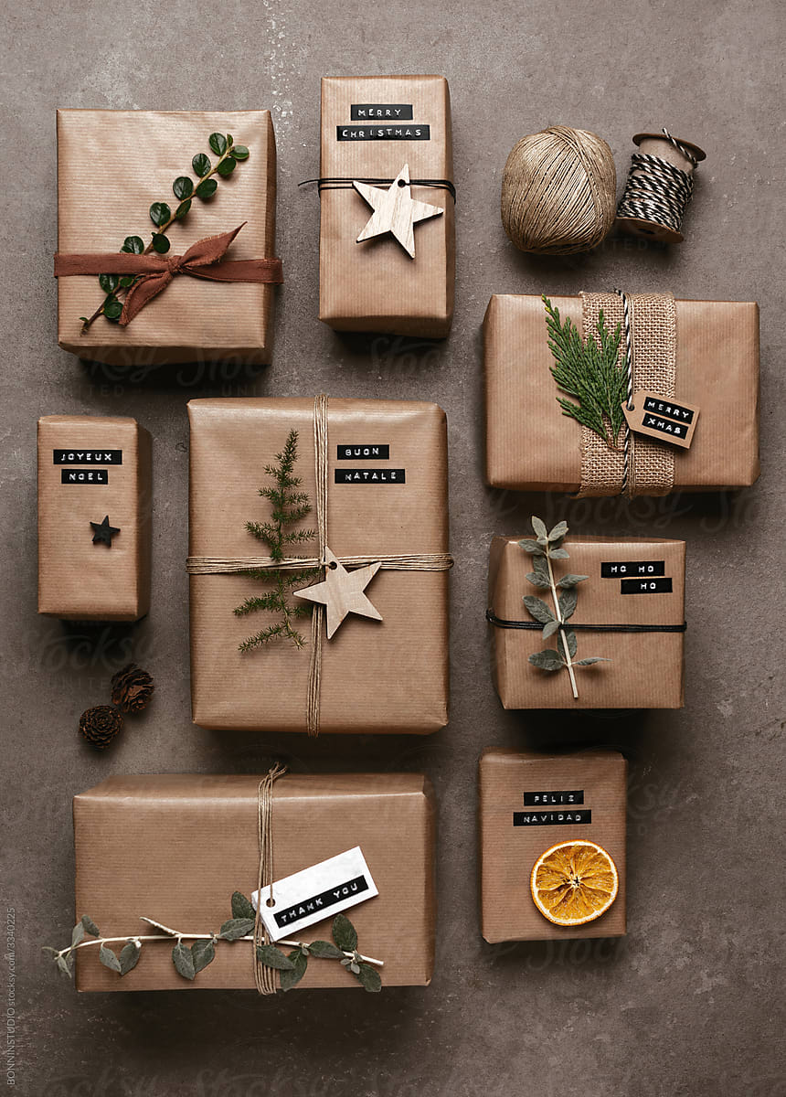 Rustic presents on a grey textured background