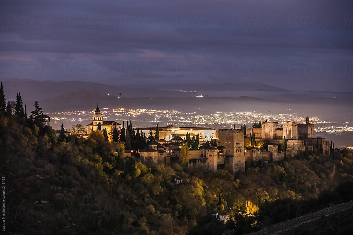 Alhambra at sunrise in autumn, granada, spain