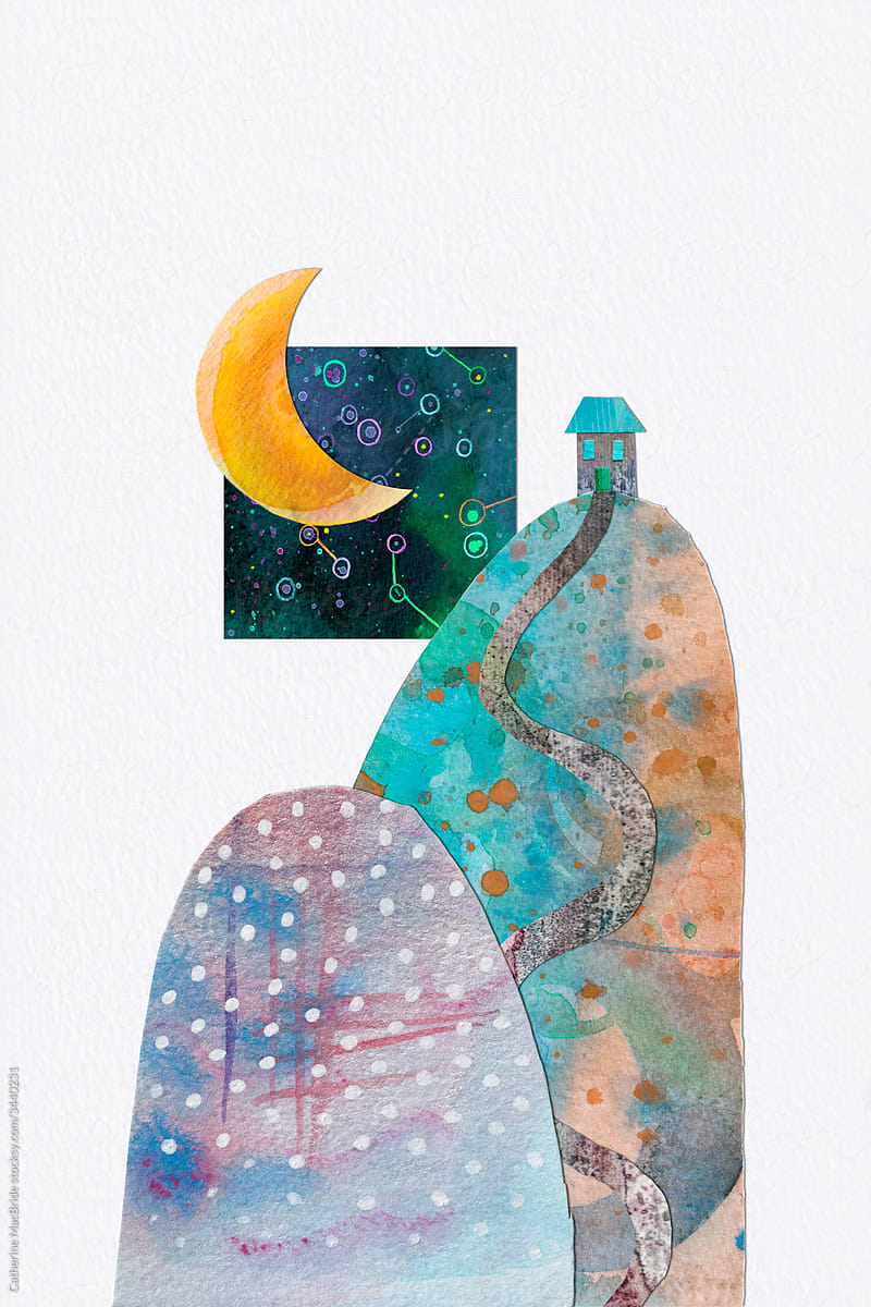 Home by the Moon and Stars, a watercolour collage