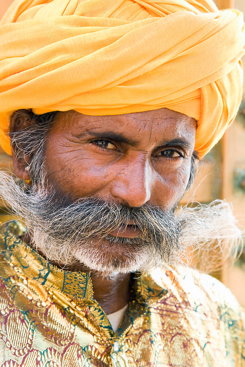 India, Rajasthan, Jaipur, portrait of a local man wearing a bright coloured turban