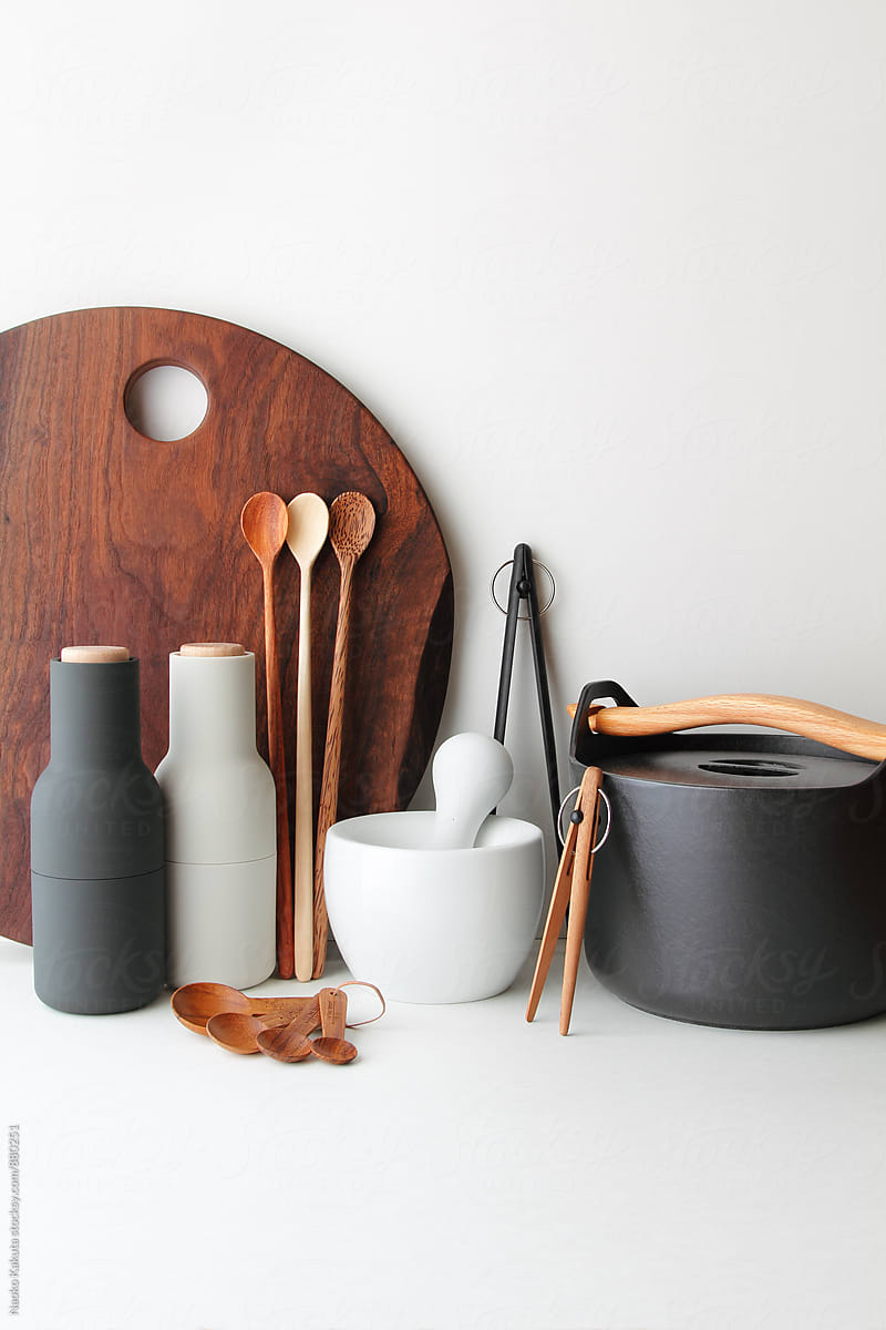 earthy cooking tools on white background