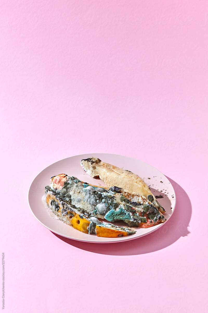 Mouldy old melon slices with fungus in dark green tones on a plate on a pink background, copy space.