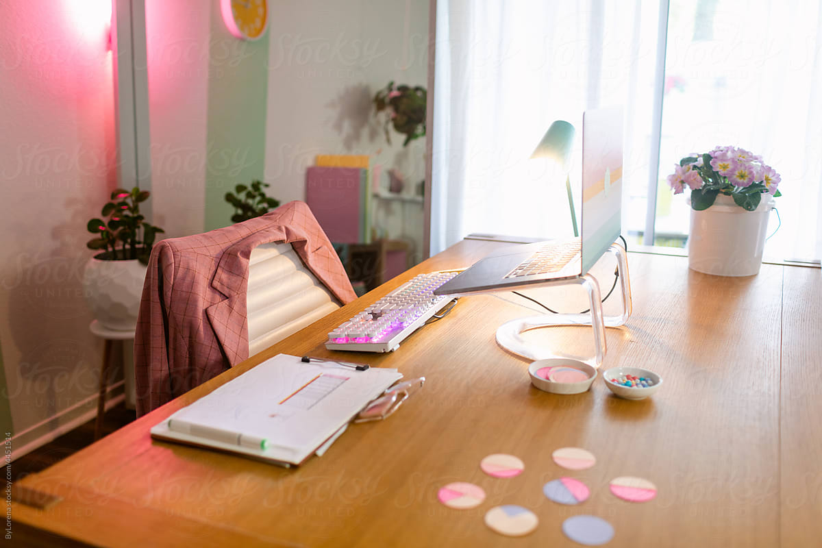 Girly workspace with led lights effect