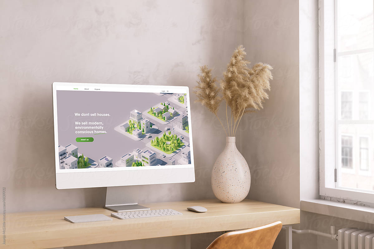 3D Minimal Desktop with real estate city website at home office