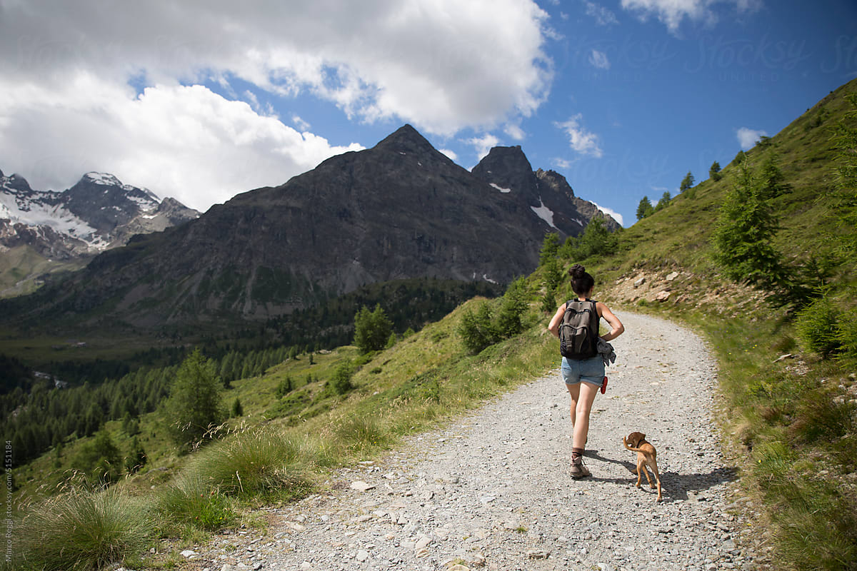 Woman Trekker with dog on mountain pathway