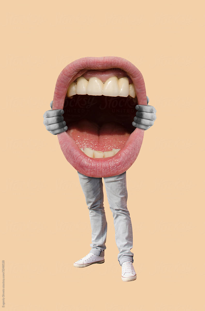 Mouth with a male legs in denim pants