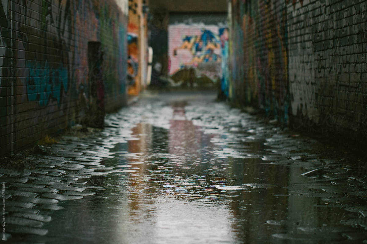 Laneway filled with rain puddles