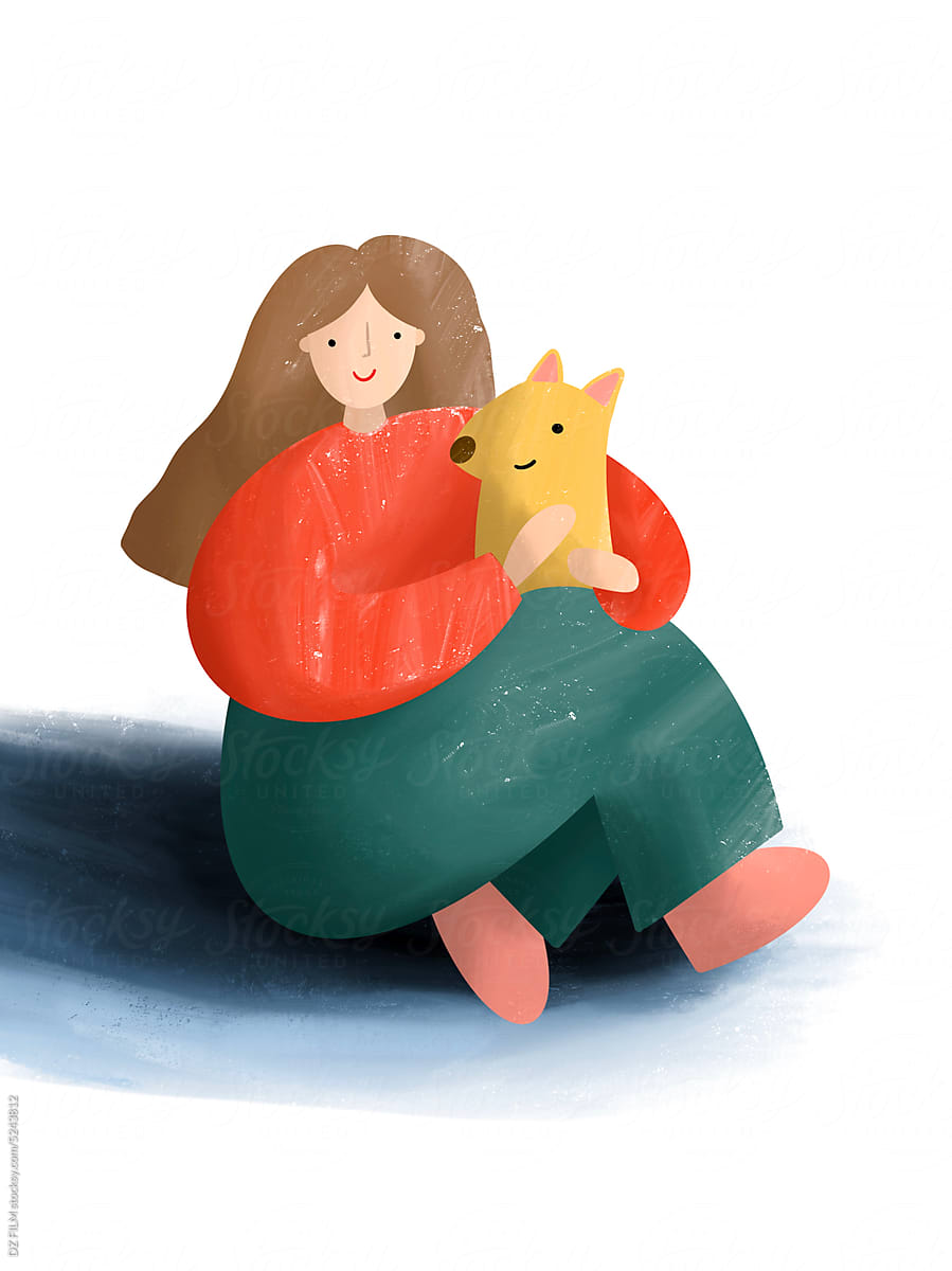 Illustration of a woman with a dog in her arms