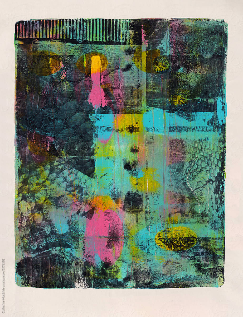 Printed acrylic abstract in turquoise and pink with bubble detail