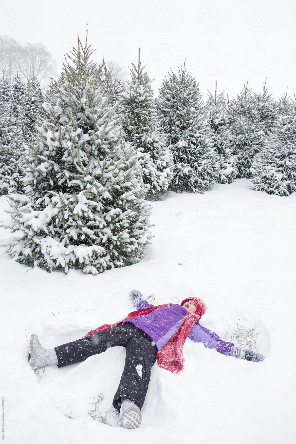 Little Girl Makes Snow Angel In Front of Many Christmas Trees Co