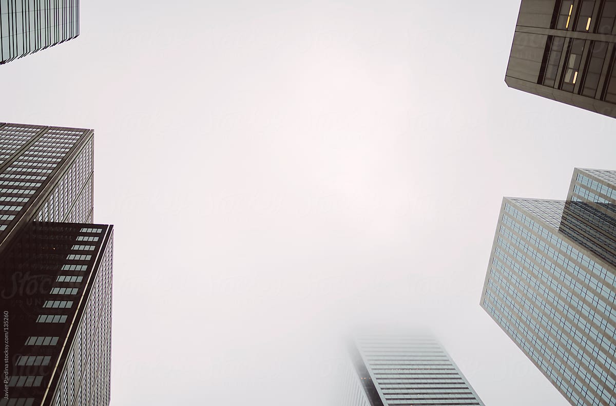 Business skyscrapers in fog
