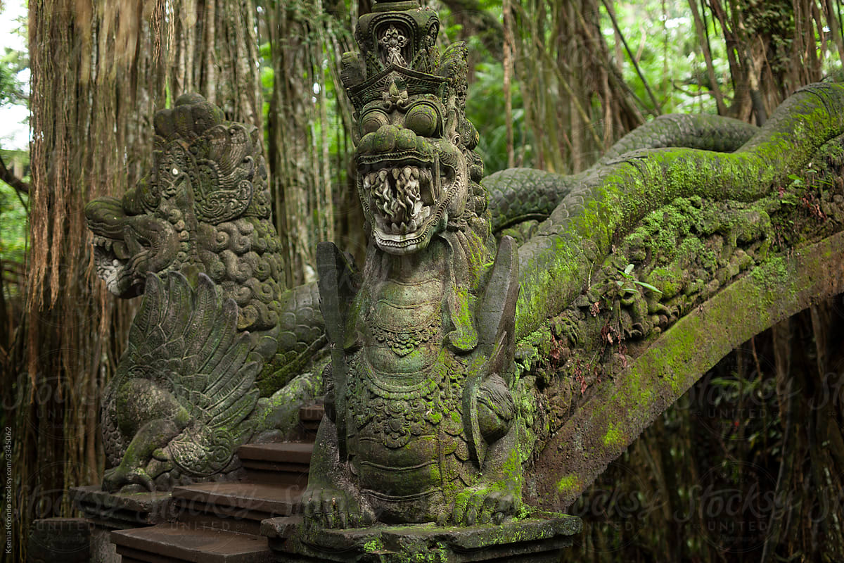 Bali Indonesia Temple Sculpture Moss Dragon Bridge Nature Antient