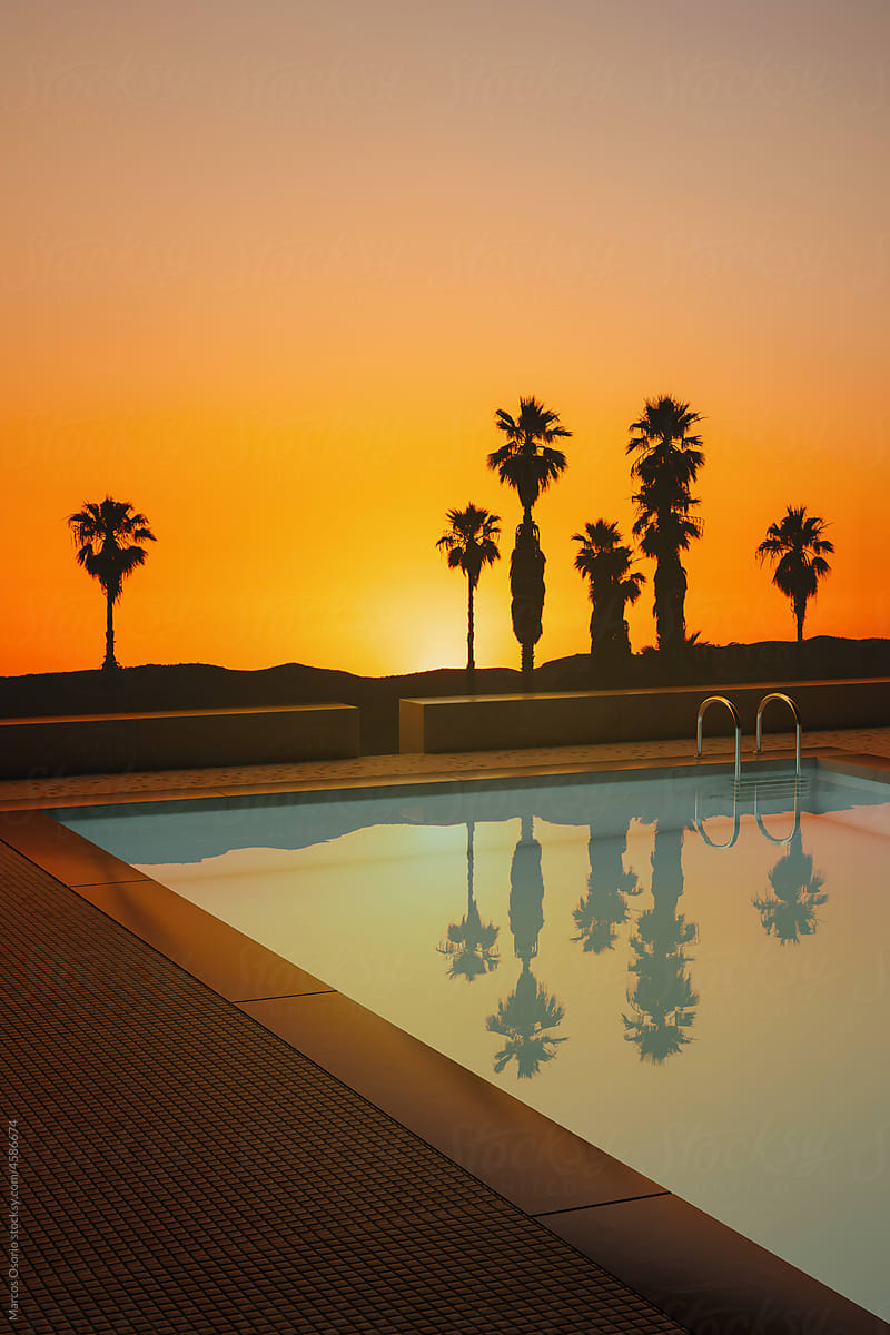 Pool with reflections at sunset