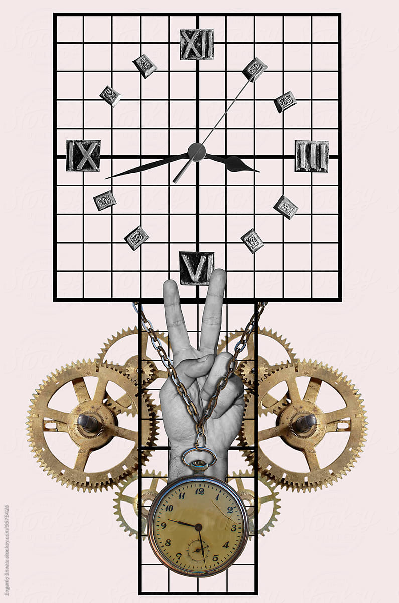Collage with hand showing victory sign, clock and gears