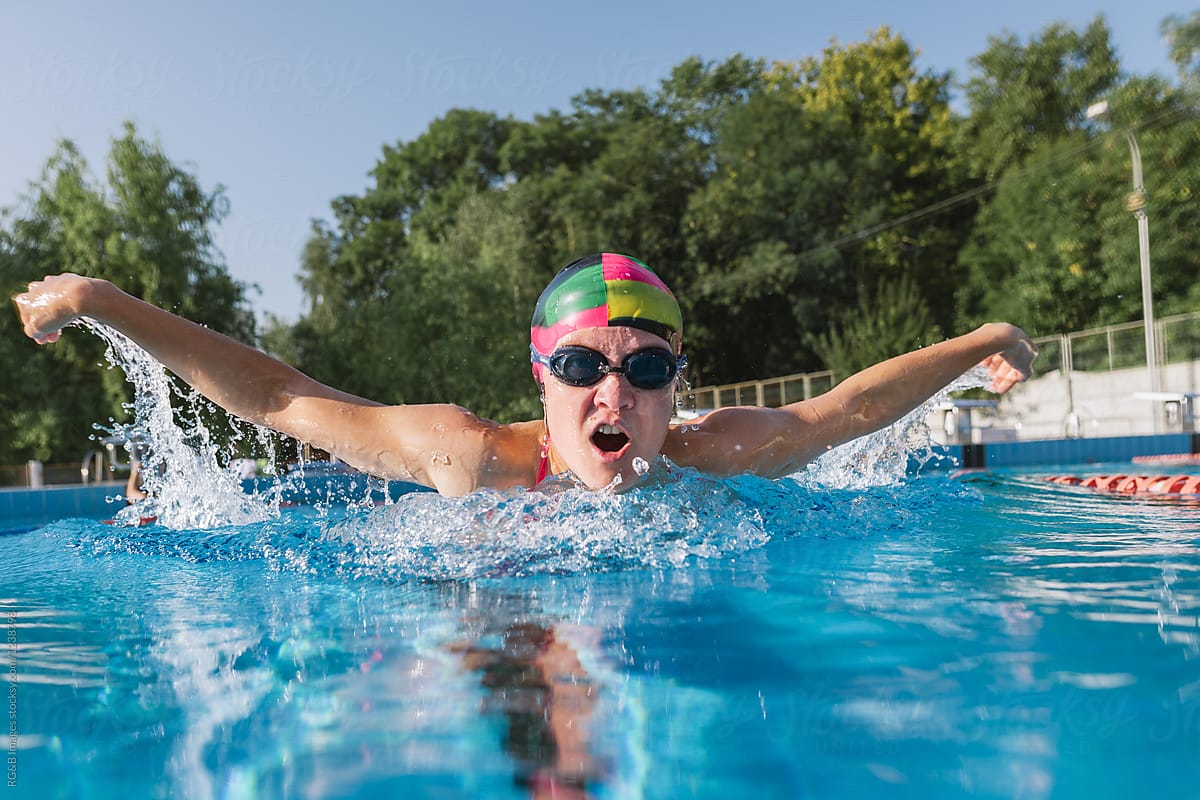 Close up of female swimmer in butterfly stroke
