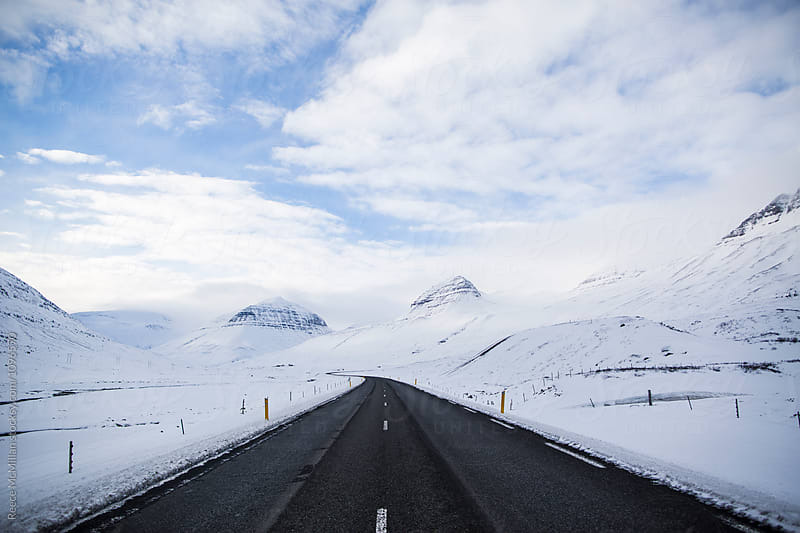 A long straight road through Iceland in Winter