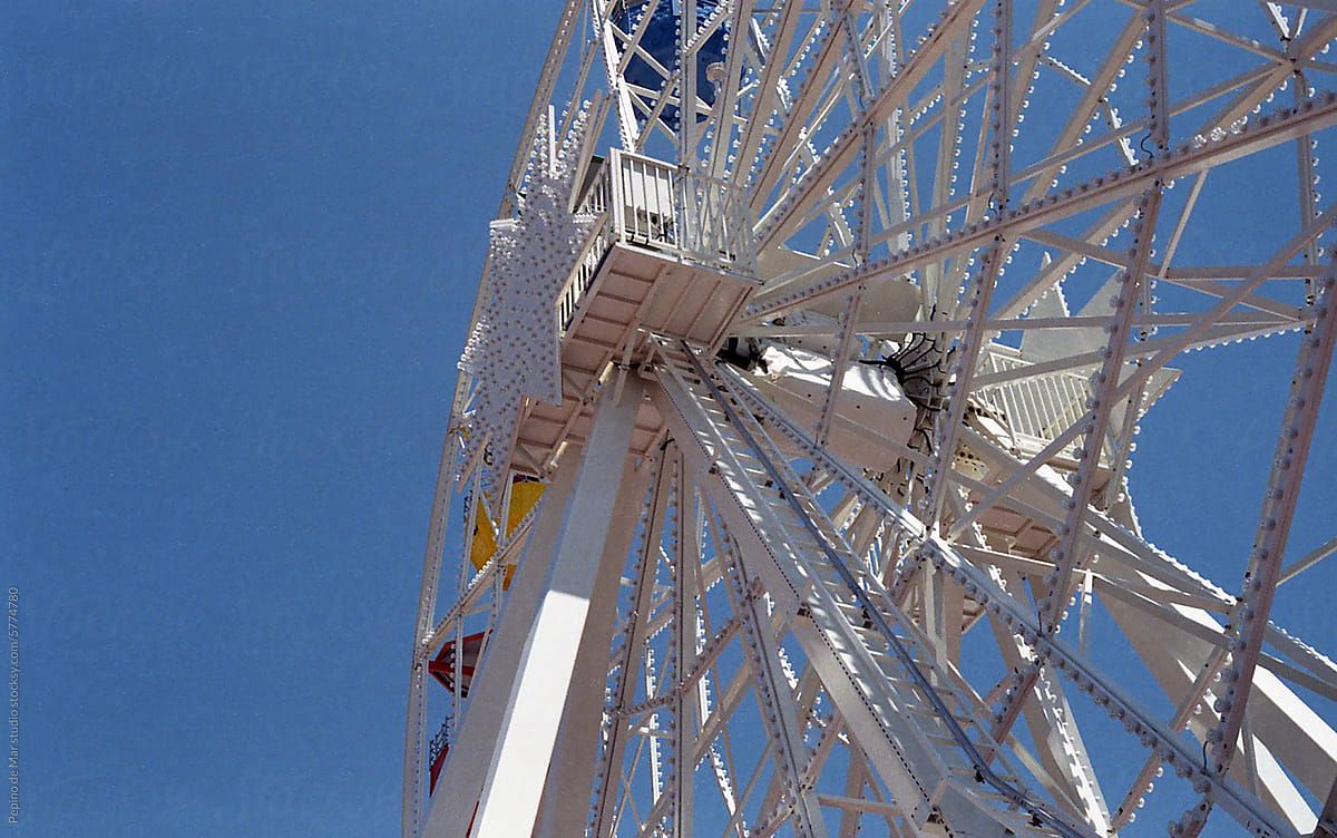 Upward View of a Ferris Wheel Against a Clear Sky